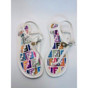 Fendi Fendigraphy White Jelly Logo Charm Sunny Thong Flat Sandals Size 35